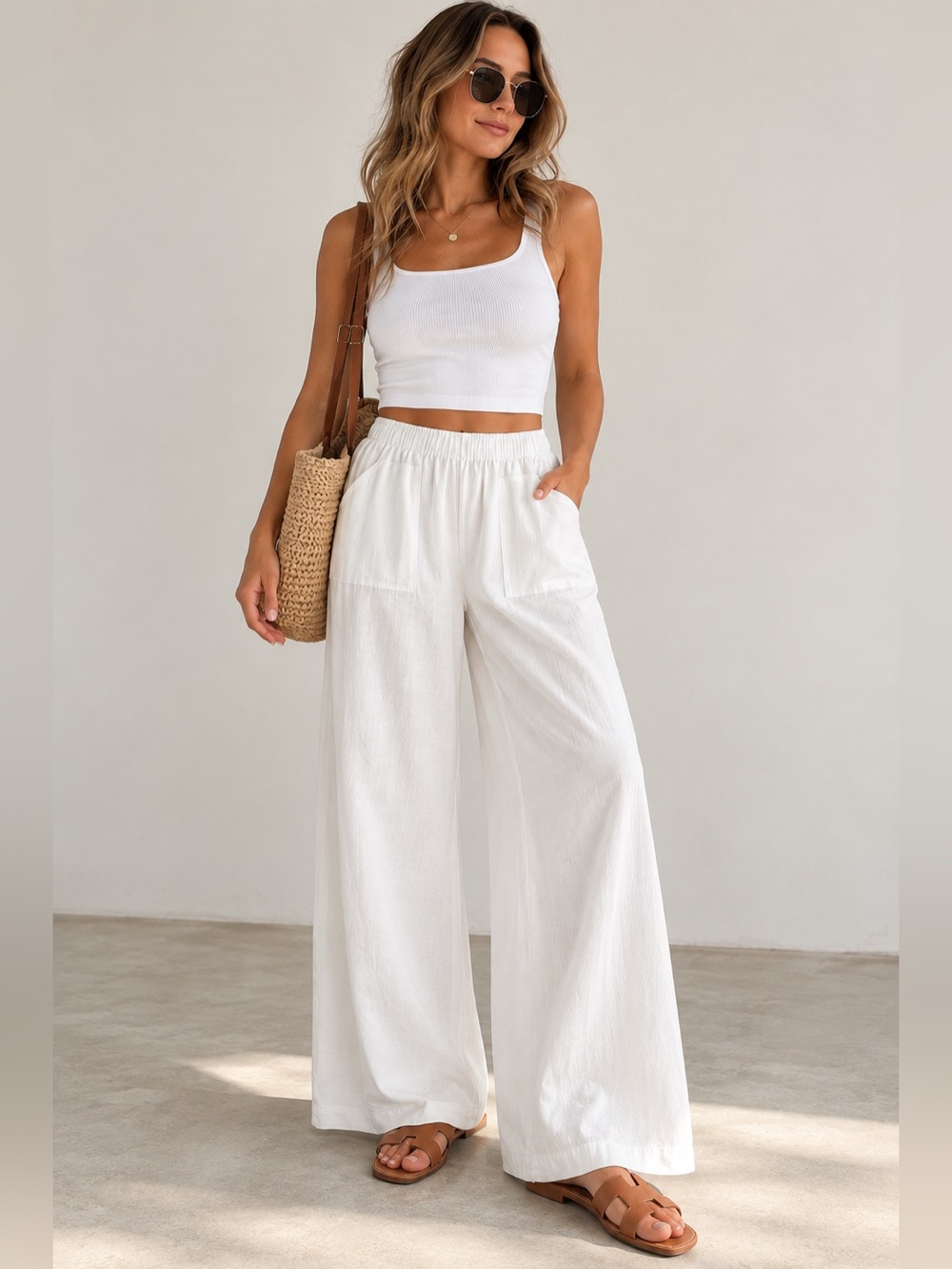 HALARA White Wide-Leg Elastic-Waist Linen blend Pants , size M, NWOT